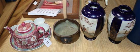 A Chinese porcelain tea set, bronze censer and pair of Satsuma vases